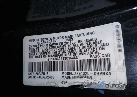 2003 Toyota Matrix Xr z USA, uszkodzony, nr VIN 2T1KR32E13C164831